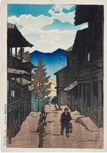 Kawase Hasui (1883-1957) Autumn at the Arayu Hot Spring, Shiobara (Shiobara Arayu no aki) Taisho: Kawase Hasui (1883-1957) Autumn at the Arayu Hot Spring, Shiobara (Shiobara Arayu no aki) Taisho period early 20th century,from the series Souvenirs of Travel I , Vertical Oban 15.50 X 10.37 inches, U