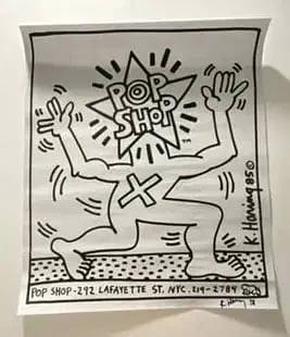 Keith Haring, signed pop Shop poster: KEITH HARIN (American, 1958-1990), NYC Pop Shop, offset lithograph, measures approx-sheet: 21 X 24 inches, signed lower right margin; printed by haring circa 1985/1986, Provenance: Private Collection
