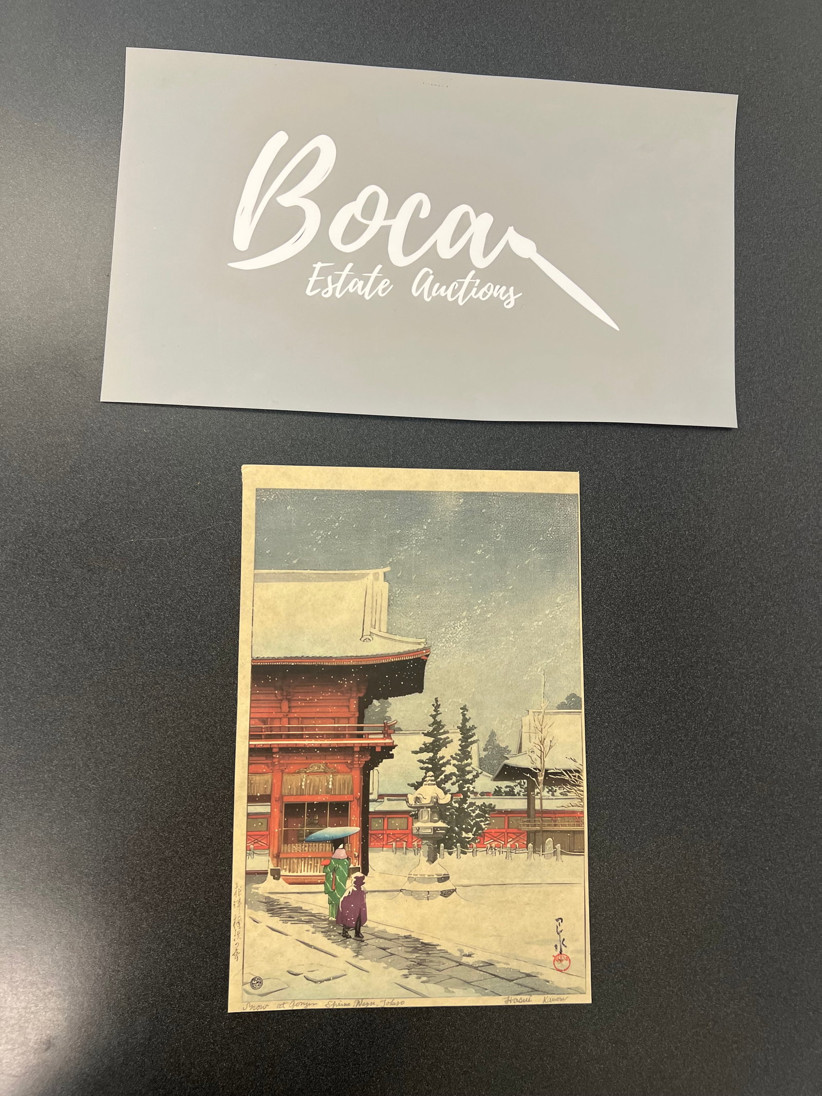 Kawase Hasui (1883-1957) , Snow at the Nezu Gongen Shrine in Tokyo (Nezu Gongen no yuki), Showa: Kawase Hasui (1883-1957), Snow at the Nezu Gongen Shrine in Tokyo (Nezu Gongen no yuki), Showa period, 20th century,Vertical Oban: 15.50 X 10.37 inches. Unknown printing date.Sold in the style of, Thi
