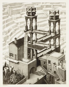 M.C. Escher "Waterfall" Etching, watermark, signed and numbered, Measures 21.00 X 25.00 Inches.