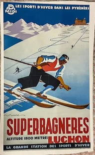 Gaston Gorde Superbagneres Ski Poster: Gaston Gorde Superbagneres Ski Poster, Linen backed, Measures 38.00 X 23.00 inches, unknown printing date, Sold as is where is