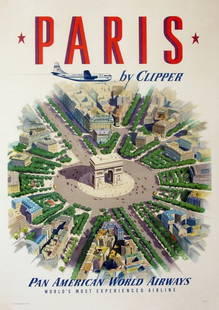 Pan American World Airways "Paris" Travel Poster: Pan American World Airways "Paris" Travel Poster, measures 33.00 X 24.00 inches, linen backed
