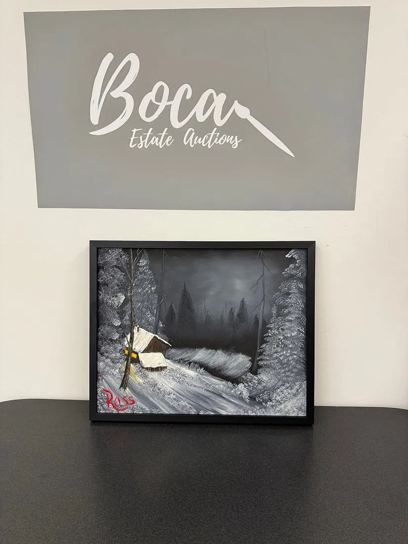 Bob Ross “Winter Night” by Bill Alexander: Bob Ross by Bill Alexander, winter night. Measures 21.00 X 17.00 Inches Framed. Sold after Bob Ross