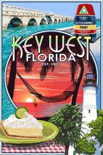 Key West, Florida Travel Poster: Key West, Florida Travel Poster, measures 24.00 X 36.00 inches, linen backed