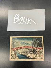 Kawase Hasui (1883-1957) | Snow on the Sacred Bridge at Nikko (Nikko shinkyo no yuki) | "Showa