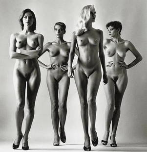 Helmut Newton "Sie Kommen, Naked, Paris, 1981" Print: Helmut Newton "Sie Kommen, Naked, Paris, 1981" Print, Measures: 9 1/2 x 9 3/4 inches print and mounted.
