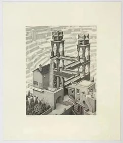 M.C. Escher "Waterfall" Etching, watermark, signed and numbered, Measures 21.00 X 25.00 Inches.