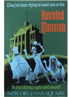 A Large Disneyland Attraction Poster "Haunted Mansion": A Large Disneyland Attraction Poster "Haunted Mansion" Print, Measures 54.00 X 36.00 inches, unknown print date. This poster is a must-have for any Disney fan. Featuring the beloved character Mickey M