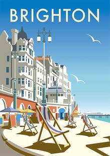 Brighton, England Travel Poster: Brighton, located on the south coast of England, is a vibrant and eclectic city known for its seaside charm, cultural diversity, and lively atmosphere. Measures 33.00 X 24.00 inches, linen backed