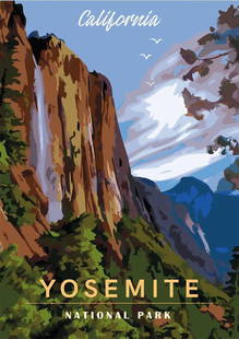 Yosemite National Park Travel Poster: Yosemite National Park, located in the Sierra Nevada mountains of California, is a pristine wilderness and natural wonder that captivates visitors with its awe-inspiring landscapes and diverse ecosyst