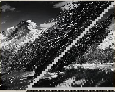 PHOTOGRAPH BY ANSEL ADAMS: Half Dome, Merced River.: Glossy photo print, Measures 20.00 X 16.00 Inches Ansel Adams Half Dome, Merced River, Winter, Yosemite National Park, Plate singed, unknown printing date.
