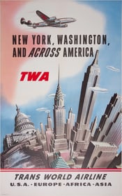 TWA Poster New York Washington Across America Constellation Plane