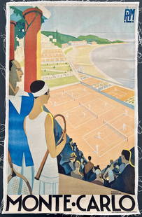Monte Carlo Travel Poster: Monte Carlo Travel Poster, by Roger Broders, Linen backed, measures 39.50 X 25.00 inches.