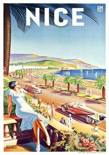 Nice, France Travel Poster: Nice, located on the French Riviera in southeastern France, is a captivating city known for its stunning Mediterranean coastline, vibrant street life, and cultural richness. asures 40.00 X 25.00 inche