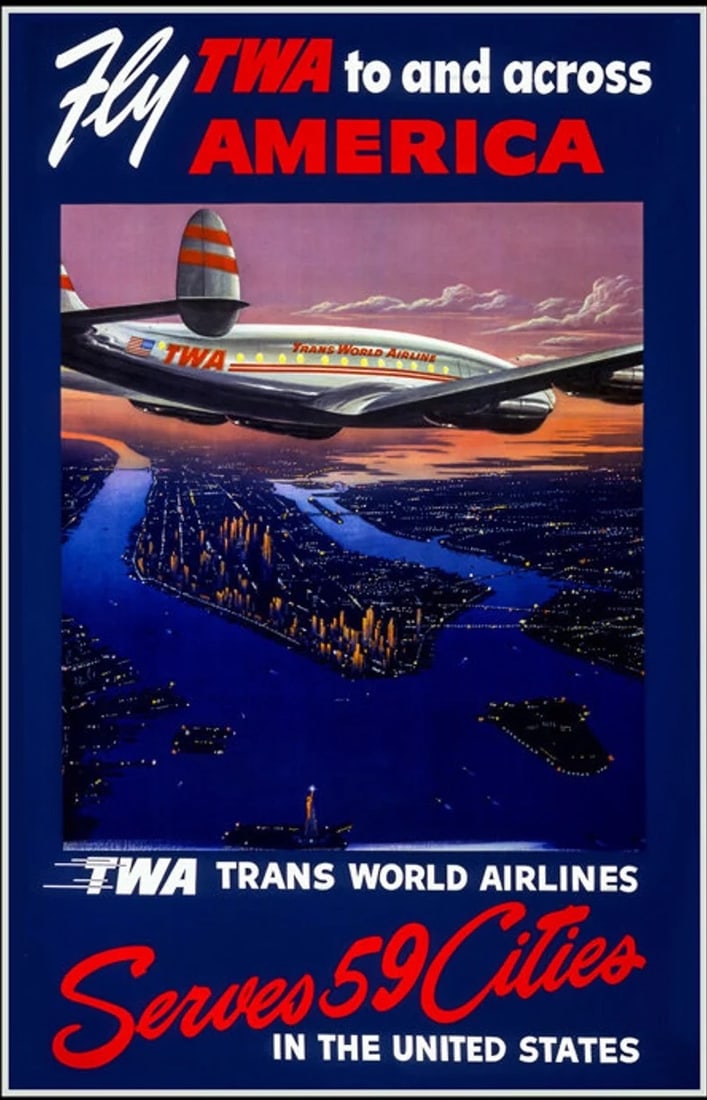 TWA SERVES 59 CITIES Travel Poster: TWA SERVES 59 CITIES, measures 52 X 26 inches, linen backed unknown printing date.
