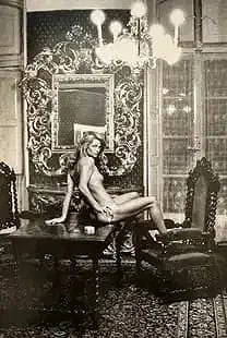 Helmut Newton "Charlotte Rampling at the Hotel Nord Pinus, Arles, 1973" Print: Helmut Newton "Charlotte Rampling at the Hotel Nord Pinus, Arles, 1973" Print, Measures 9.5 x 6.3 inches, mounted.