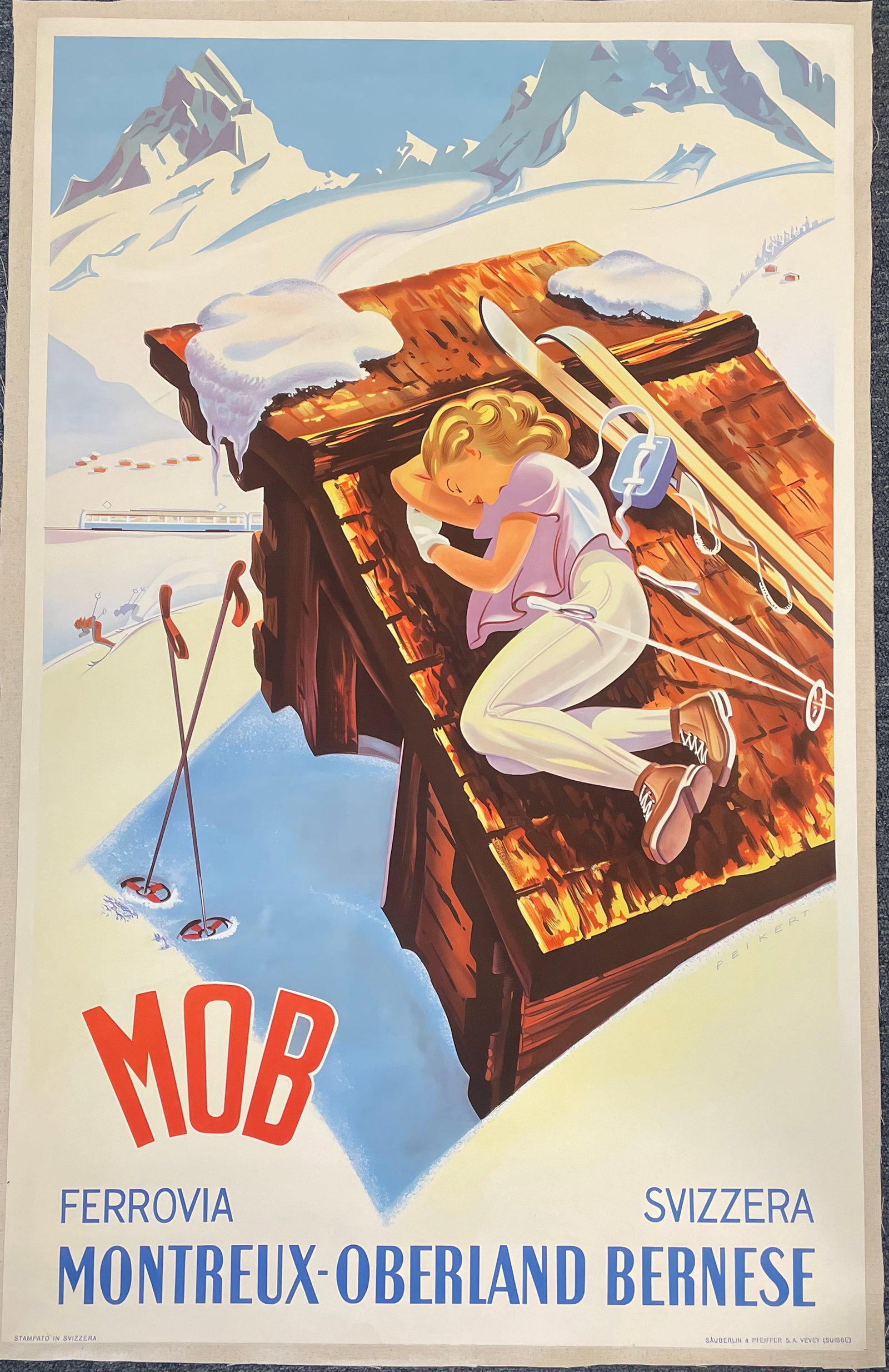 MARTIN PEIKERT, MOB Swiss Ski Poster: MARTIN PEIKERT, MOB Swiss Ski Poster, measures 39. X 24. inches, Linen Backed.