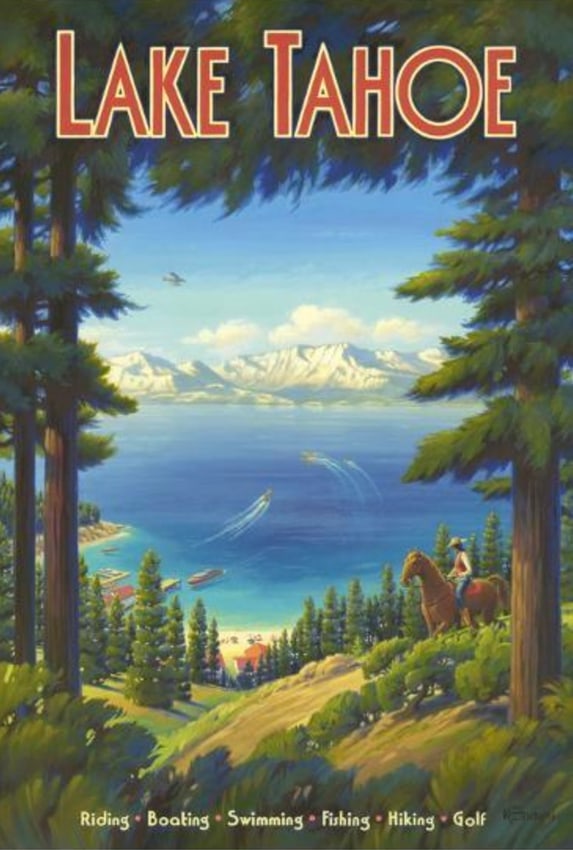 Lake Tahoe Travel Poster: Lake Tahoe Travel Poster, measures 24 X 36 inches linen backed.