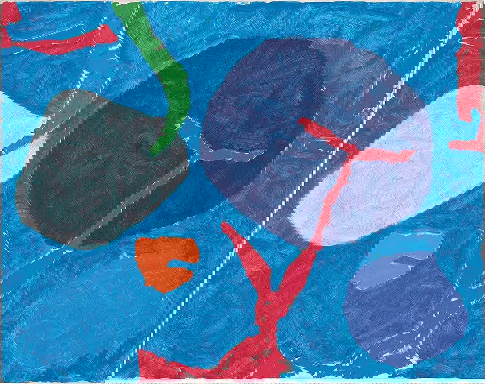 Patrick Heron "Four Blues with Pink": "Four Blues with Pink" print on heavy woven paper. Unknown edition/ print date measures 24.80 x 31.25 in