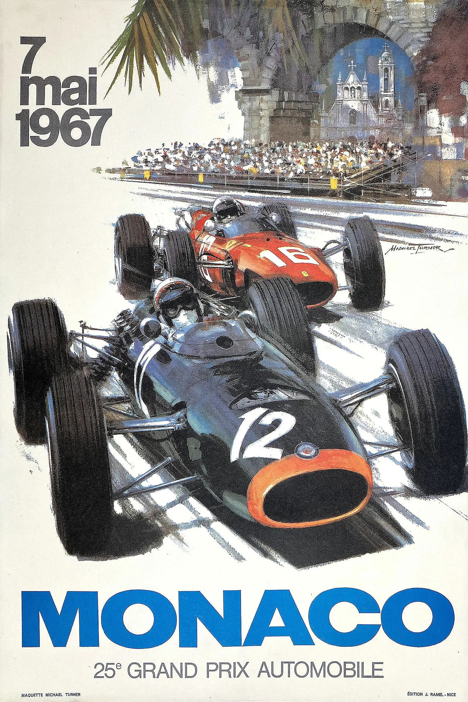 Monaco Grand Prix Poster 1967 Michael Turner: Monaco Grand Prix Poster 1967 Michael Turner, measures 24.00 X 16.00 inches, linen backed, unknown print date.