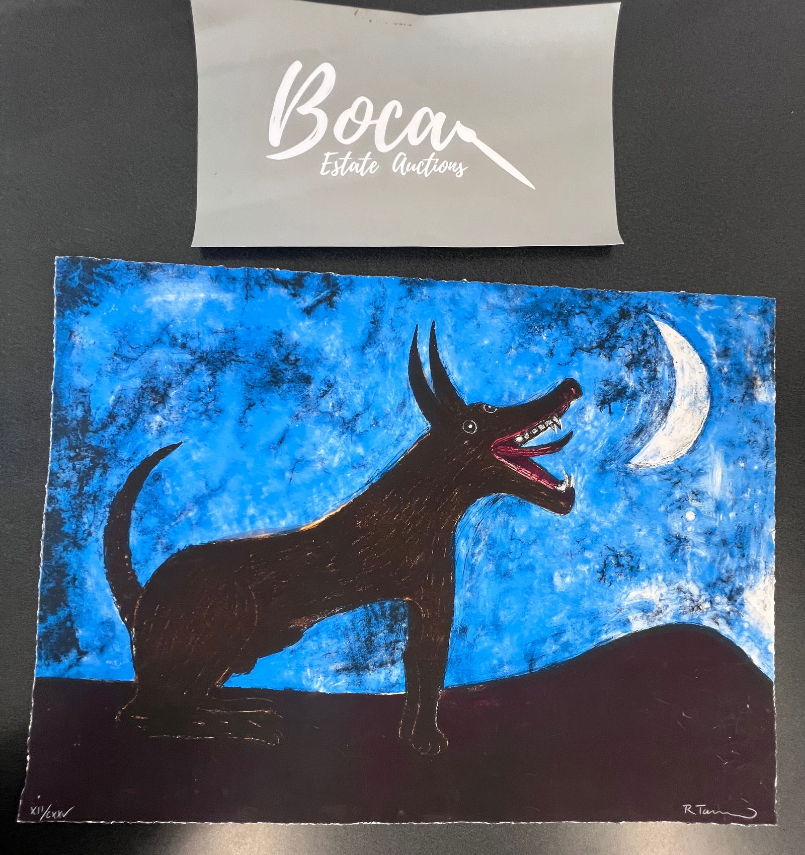 Rufino Tamayo - Perro de Luna: RUFINO TAMAYO (1899-1991) Perro de Luna print in colors, 1983, number 12 of 25 Deluxe Editions on woven paper, deckled edges, measures 37 x 29 inches, Signed lower right and numbered lower left