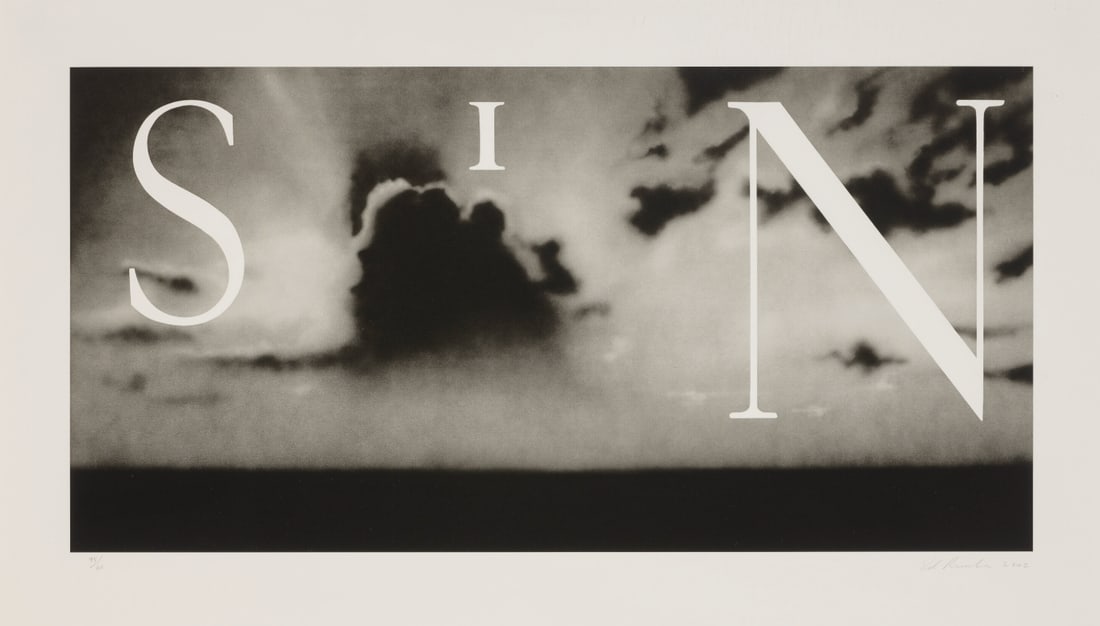 Ed Ruscha, "Sin-Without": "Sin-Without" Ed Ruscha print on heavy wove paper, pencil signed in the bottom right corner, numbered 26/60. Image measures 20 1/4 x 40 1/8 inches, sheet measures 26x44 inches.