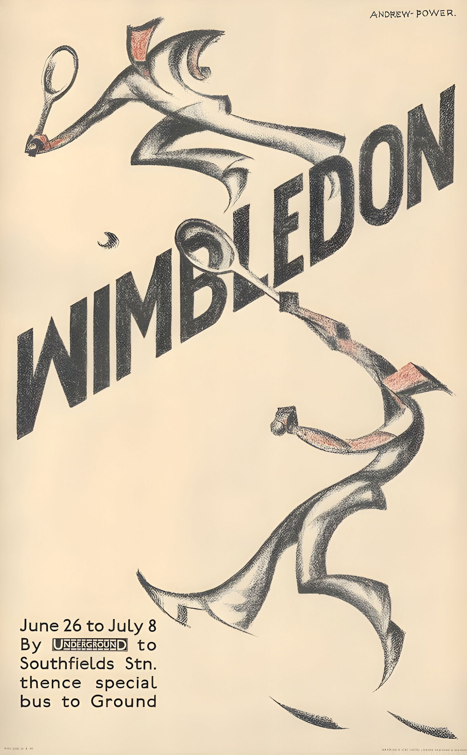 Wimbledon Tennis Poster, Andrew Power: Wimbledon Tennis Poster, measures 39.25 X 24.25, mounted to linen