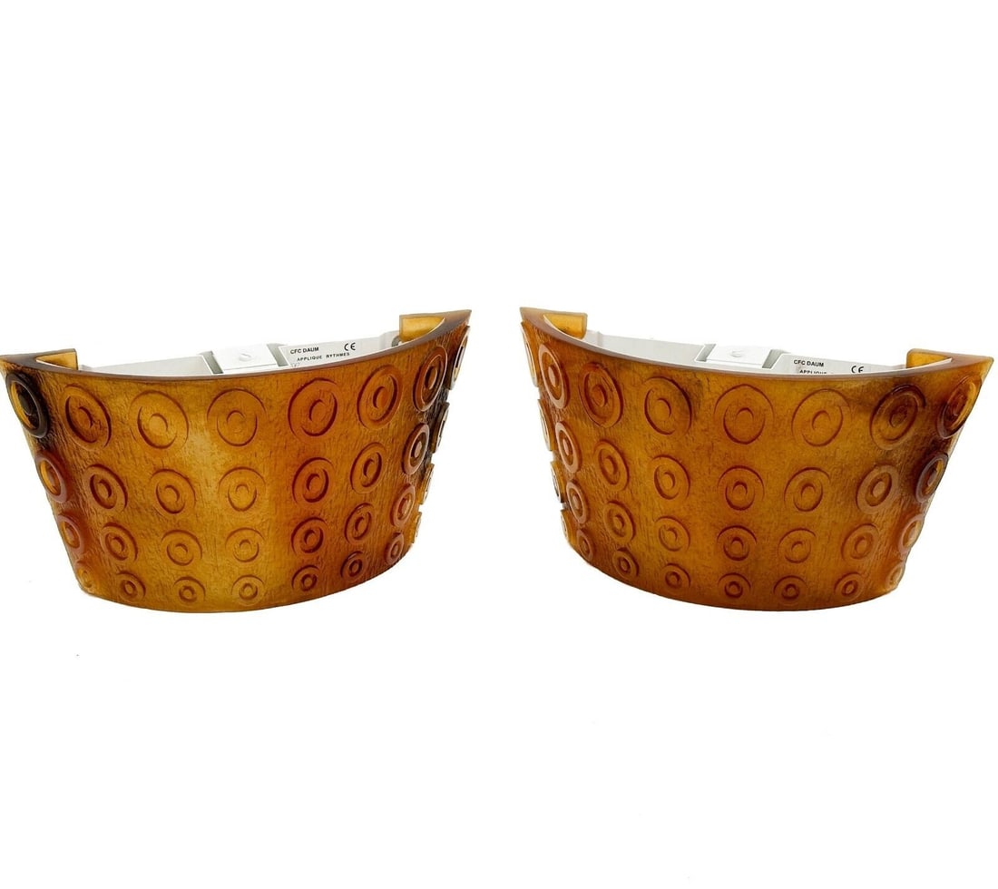 Pair Daum France Pate de Verre Art Glass Lamps Rhythms Amber Orange (1 of 9)