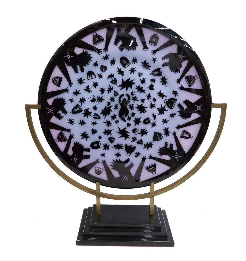 Duncan McClellan (US 20th C) Carved Art Glass Charger on Stand Abstract Figures (1 of 7)