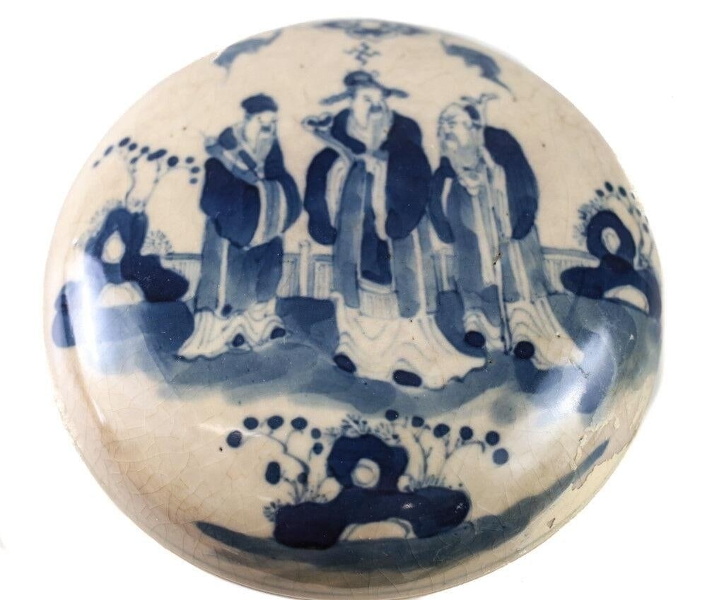 Antique Chinese Porcelain Blue and White Round Seal Paste Box, Sanxing deities (1 of 5)