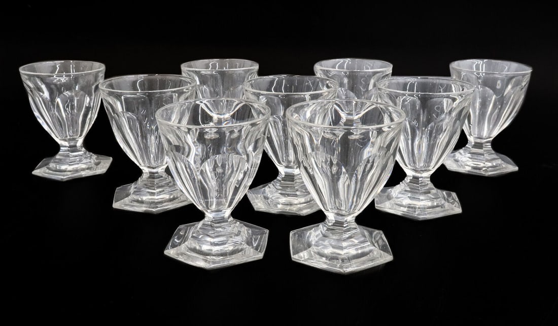 8 Baccarat France Cut Glass Small Wine Goblets in Harcourt Tallyrand Signed: 8 Baccarat France cut glass small wine goblets in Harcourt Tallyrand, Signed. Cut panel design on bowl. Acid etched Baccarat mark to base. Weight: Approx. 5 lbs Measurements: Approx. 2.5 inches diamet
