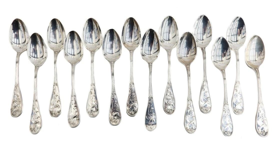 14 Tiffany & Co Sterling Silver Teaspoons in Japanese Audubon circa 1890 (1 of 7)