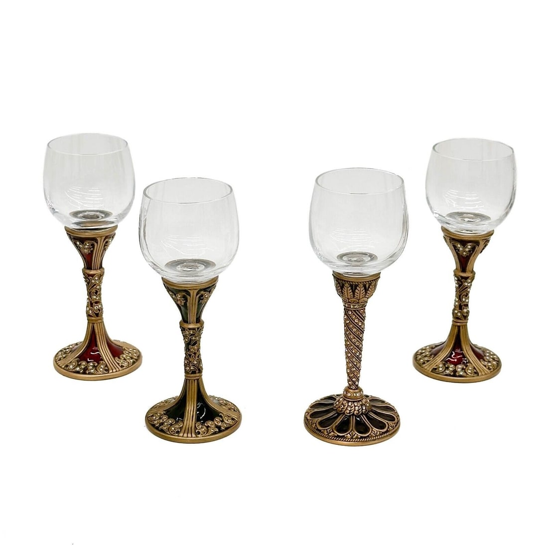4 Edgar Berebi Enamel & Jeweled Stemware Cordial Wine Glasses Tuscany & Monocco: 4 Edgar Berebi Enameled & Jeweled Stemware Cordial Wine Glasses Tuscany & Monocco. Green and red enameled gilt silverplate stems with mounted gems. Underside marked Berebi Limited Edition. Weight: App