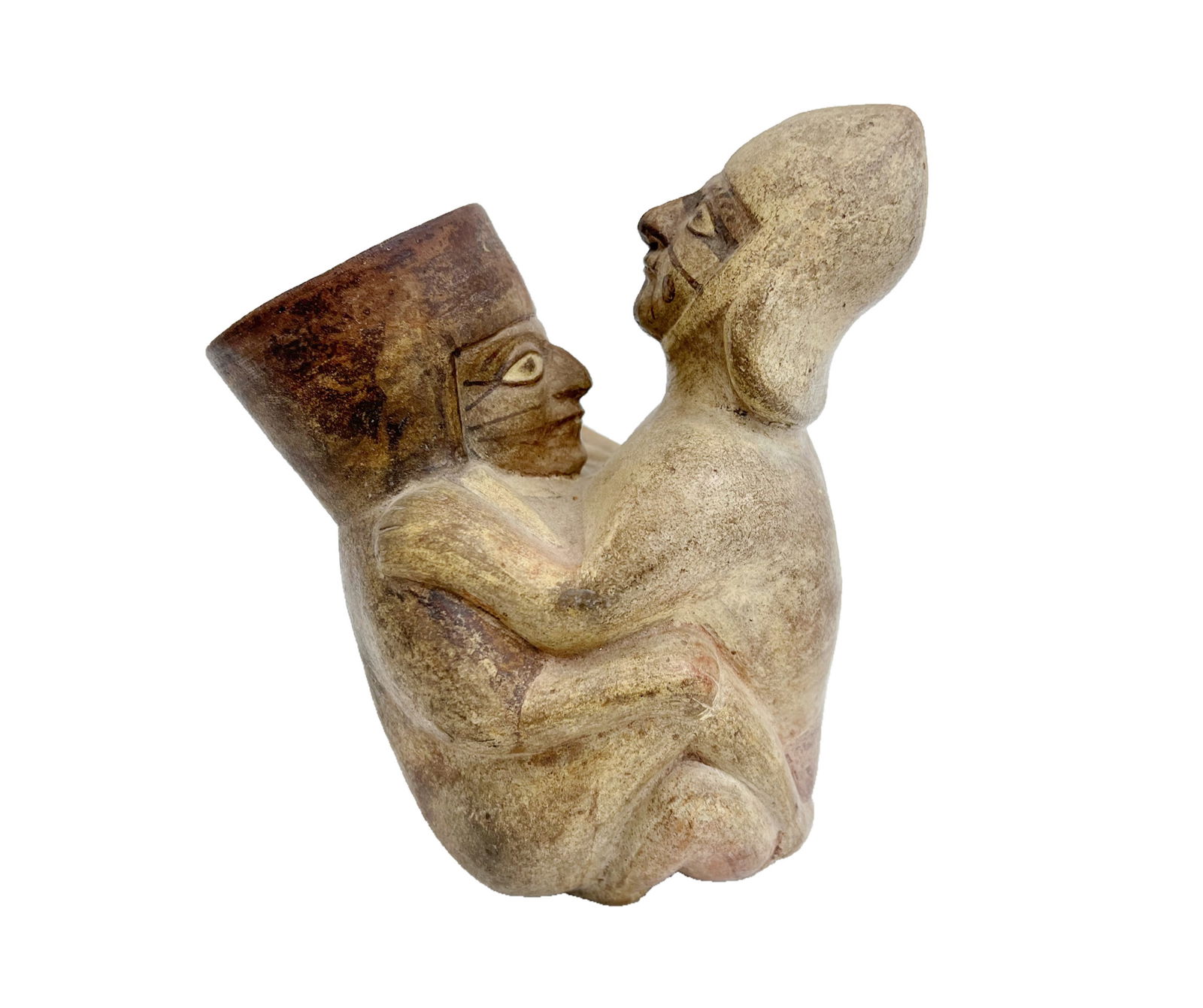 Pre Columbian Earthenware Erotic Figural Vessel, Peru.: Pre Columbian Earthenware Erotic FIgural Vessel, Peru. Flared spout formed as the head of one figure. Slip painted. 1.0lb. 6.75 x 6 x 4.5 inches Domestic Shipping: $40