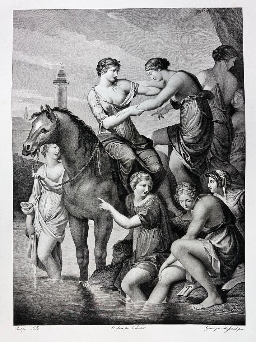 Engraving Jean Massard after Jaques Stella Clelie et ses compagnes 1809: Copper Engraving on wove paper After Jacques Stella (French 1596 - 1657), Title 'Clelie et ses compagnes', c1803-09. Engraver Jean Massard (French 1740 - 1822) Unframed.(5/24)Measurements: Approx. she