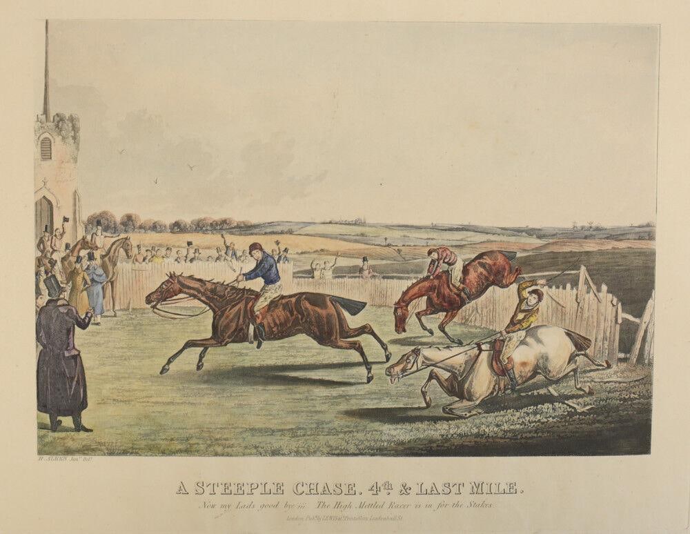Henry Thomas Alken (English 1785-1851) Hand Colored Etching on wove paper: Henry Thomas Alken (English 1785-1851) Hand Colored Etching on wove paper, A Steeple Chase. 4th & Last Mile. Unframed. Marked 'H. Alken Jun Delt.' and 'Now my Lads good bye!!! The High Mettled Racer i
