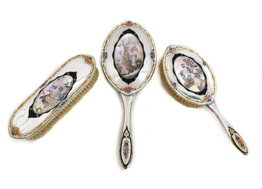 Austrian 935 Silver 14k Gold and Mother of Pearl Vanity Mirror and Brushes c1930 (1 of 13)