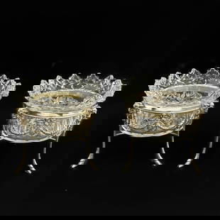 Pair Charles & Richard Comyns Engish & Dutch Silver & Cut Glass Medallion Bowls: Pair English & Dutch Silver & Cut Glass Medallion Bowls. Sterling silver stand with animal heads to the sides, garland decoration with portrait medallions. Clear cut glass bowls. One with Dutch silver