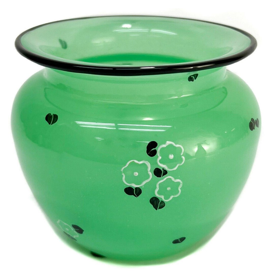 Loetz Austria Green Art Glass Vase by Michael Powolny, Enamel Florals: Loetz Austria green art glass vase by Michael Powolny. Enamel florals to exterior. Acid etched Czechoslovakia to underside Weight: Approx. 0.5 lbs Measurements: Approx. 4.25 inches diameter x 3.75 inc
