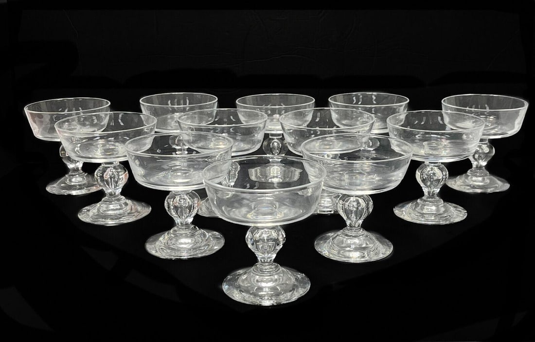 12 Steuben Glass Teardrop Stem 6 ounce Champagne Saucers, Signed (1 of 4)