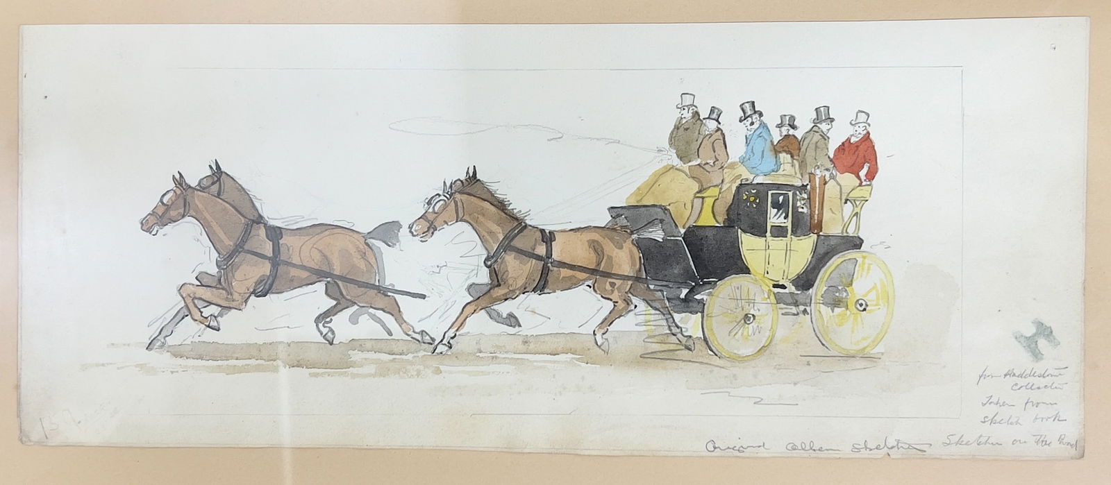Attributed to Henry Thomas Alken watercolor horse drawn coach c1820: Attributed to Henry Thomas Alken, watercolor painting on paper, horse drawn coach. Inscribed in pencil with attribution, a selection from a sketchbook. c1820. Unsigned. Framed and glazed. sheet 11.875