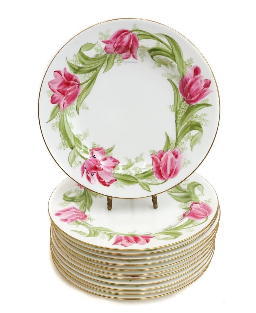 12 Wedgwood England Hand Painted Floral Porcelain Dessert Plates c1920: 12 Wedgwood England hand painted floral porcelain dessert plates, circa 1920. Hand painted pink flowers and leaves to rim. Artist signed "EJ Everard" to each plate. Wedgwood mark to underside. Weight: