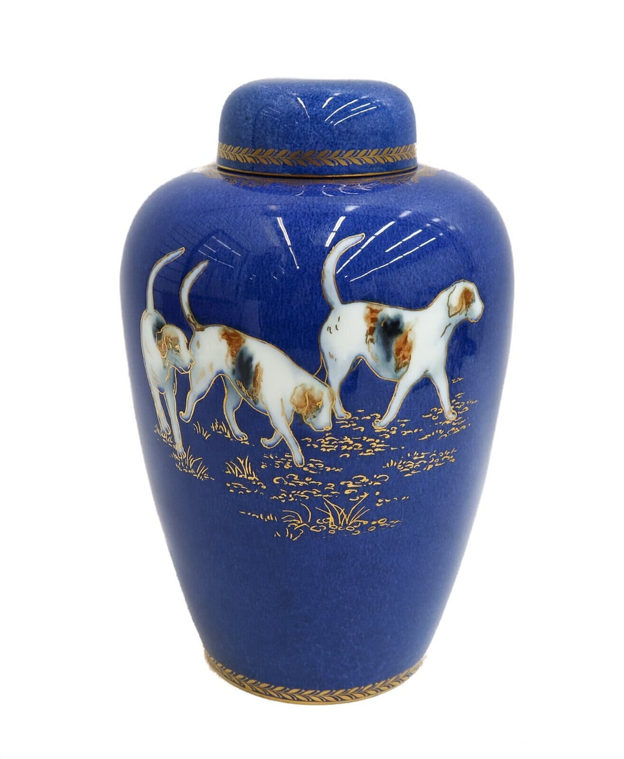 Wedgwood England Porcelain Powder Blue Labrador Retriever Dog Covered Urn c1920: Wedgwood England Porcelain Powder Blue Labrador Retriever Dog Covered Urn circa 1920. Powder blue ground with 3 tri-color Labrador Retriever dogs to either side with gilt accents. Wedgwood England mar