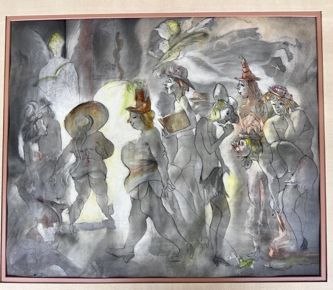 Julian Ritter Watercolor Whimsical Nude figures with angels: Julian Ritter (1909 - 2000) Watercolor Whimsical Nude Figures with angels. Signed lower right "Julian". Framed and glazed. 11.5lbs Measurements: Approx. frame 33.5 x 29.75 inches; sheet 22 x 18.5 inch