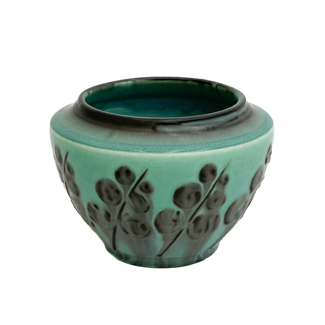 Rookwood Pottery Matte Glazed Vase by Elizabeth Barrett 1929 #1927: Rookwood Pottery Matte Glazed Vase by Elizabeth Barrett, 1929. A blue ground decorated with raised leaves. Underside with Rookwood pottery marks, artist's mark for Elizabeth Barrett, numbered 1927 Wei