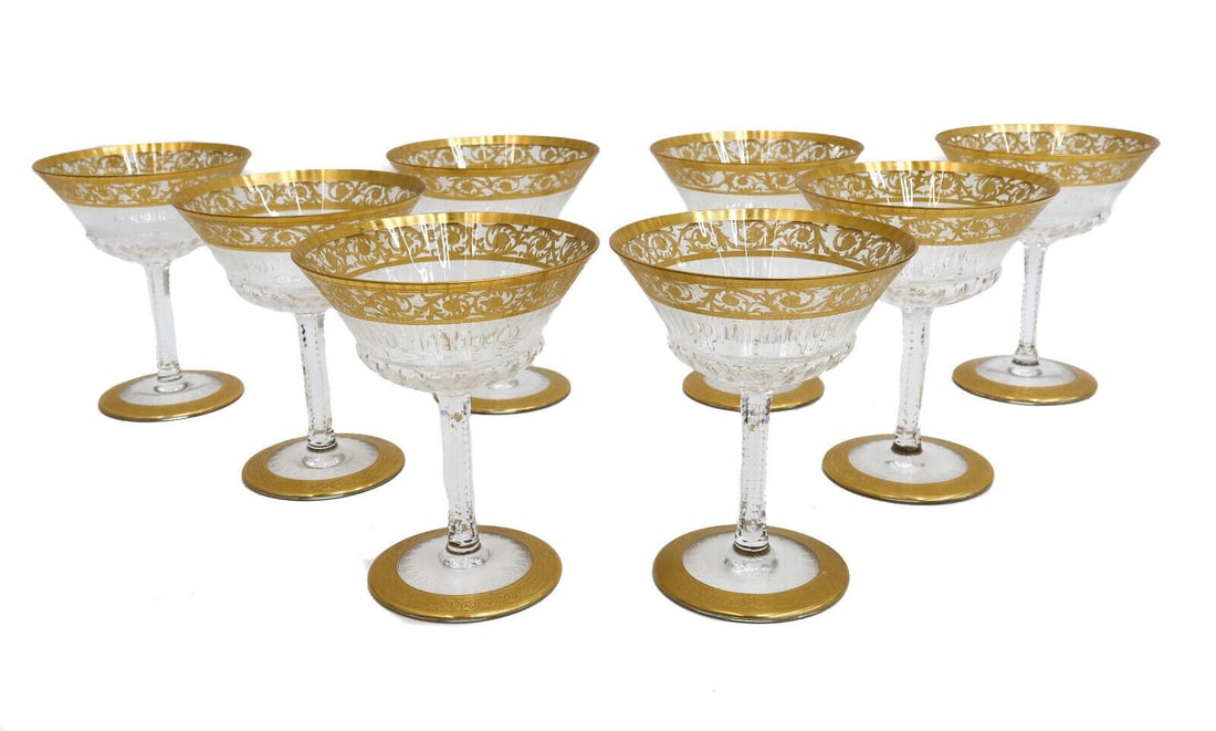 8 Saint (St) Louis France Cut Glass Tall Champagne Saucer Sherbets Gold Thistle: 8 Saint (St) Louis France cut glass American tall Champagne Saucers or Sherbet goblets in Gold Thistle. Gold encrusted notched foliate scrolls with cut multi-sided exterior. Acid etched St. Louis mark