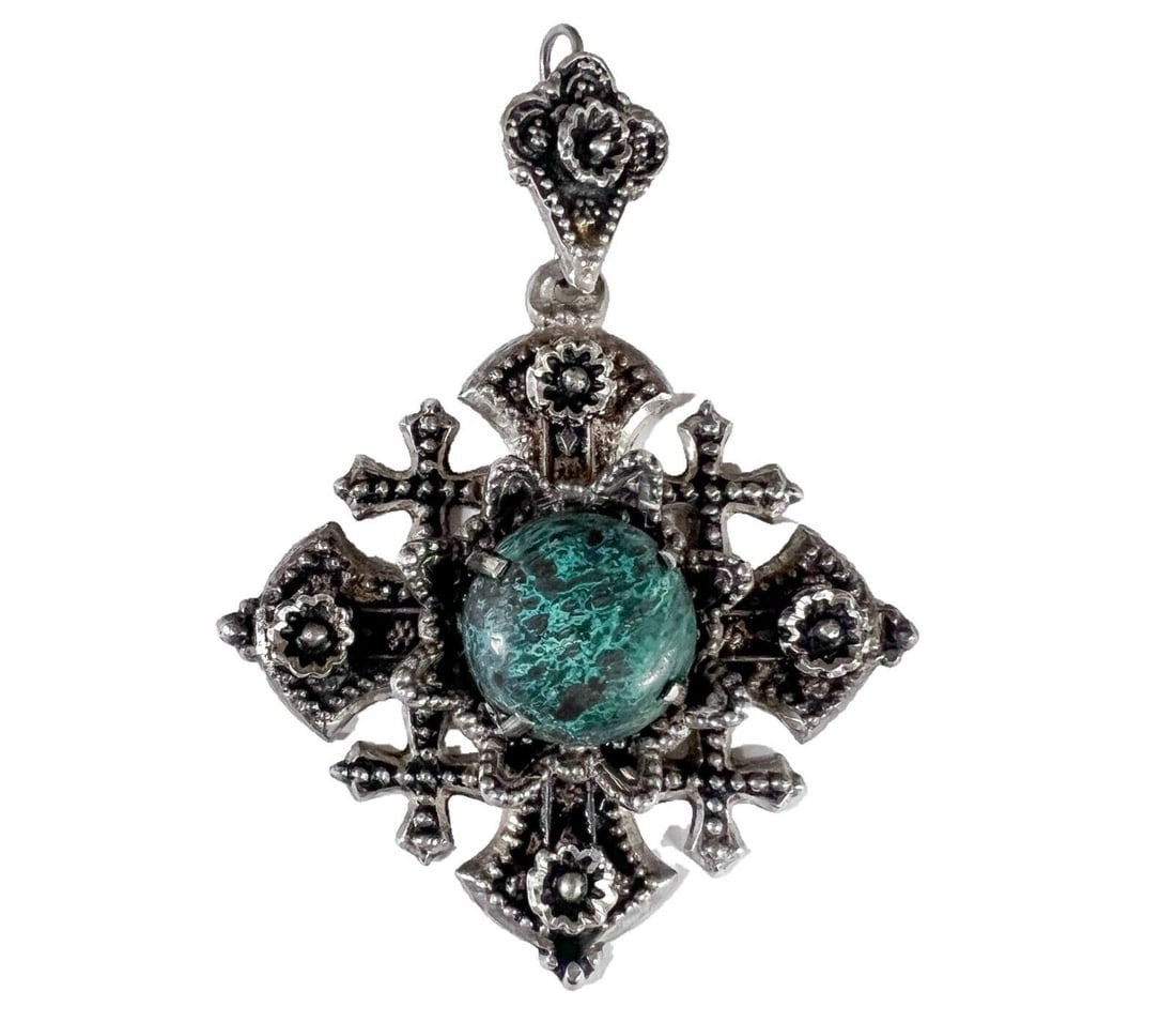 Jerusalem Cross 900 Silver Eilat stone Byzantine Pendant (1 of 8)