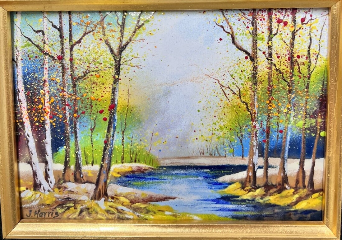 J Harris Hand painted Enamel Copper Plaque c1950 (1 of 4)