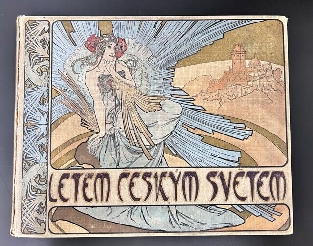 Alphonse Mucha Cover Design Letem Ceskym Svetem Pul Flight over the Czech World: Alphonse Mucha Cover Design, Letem Ceskym Svetem. Pul Tisice Fotograf Pohledu. Z Cech, Moravy, Slezska a Slovenska. Prague, Jos. R. Vilimek, Dated Nov 1898. Album of multiple black and white photograp