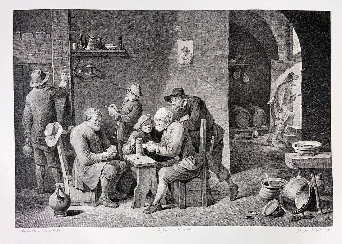 Engraving H Guttenberg after David Teniers The Card Players 1790: Engraving on wove paper after painting by David Teniers titled 'The Card Players' c1790. Engraver Heinrich Guttenberg (1749 - 1818) Unframed. (5/24)Measurements: Approx. sheet 23.25 x 16.375 inches Do